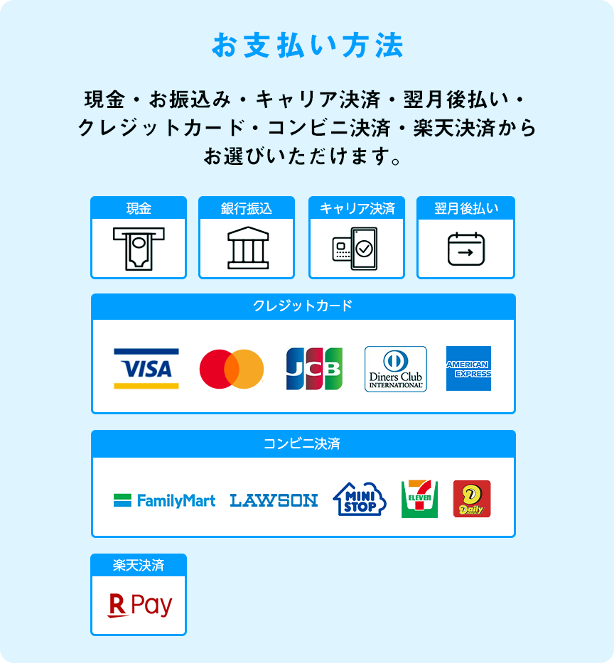 現金・クレジットカード・翌月後払い・キャリア決済・楽天決済・お振込みからお選びいただけます。